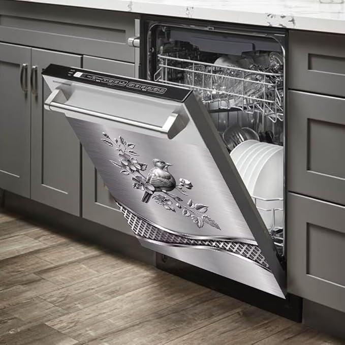 Stainless Steel Design Bird Pattern Kitchen Decorative Dishwasher Cover Magnet Sticker,Fridge Panel Door,Refrigerator Decal Home Decor 23x26inch