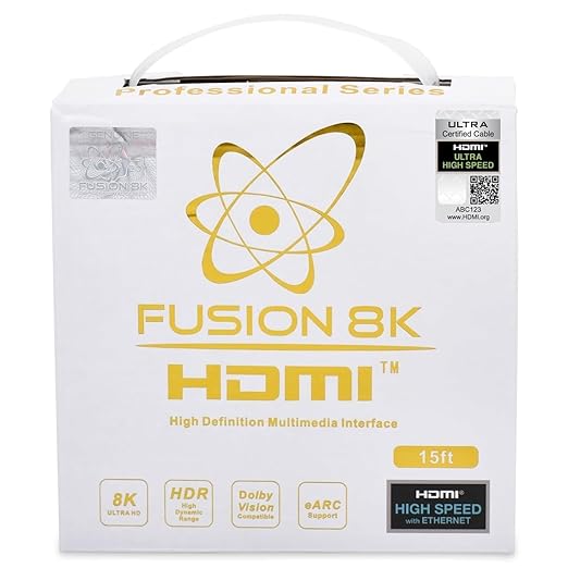 Fusion8K White HDMI 2.1 Cable 15 Feet - Certified 48Gbps 8K@60Hz 4K@120Hz 10K | HDR Dolby Vision eARC | Braided Cord for PS5 Xbox Series X Apple TV 4K