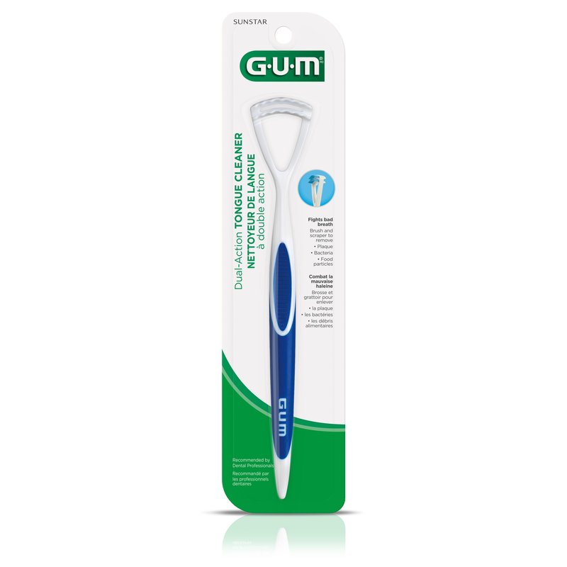 GUM Tongue Cleaner, Dual-Action Soft-Bristled Tongue Brush with Tongue Scraper for Better Oral Hygiene & Bad Breath Control, Pack of 3