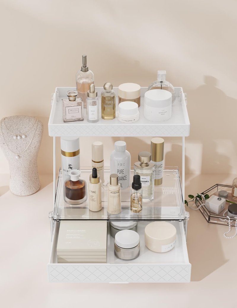 NEATORA 2 Tier Bathroom Countertop Organizer, Z-Shaped Vanity Organizer with Sliding Tray & Drawer, Skincare, Makeup & Perfume Storage Organizer, Acrylic office, Dresse & Desk Organizer