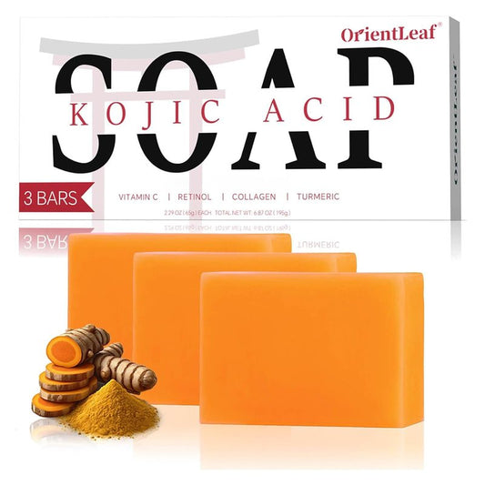 ORIENTLEAF Kojic Acid Soap, Turmeric Soap Bar for Dark Spots, Fresh Citrus Scent, Gentle for Face and Body Wash with Vitamin C, Shea Butter, Retinol, Gifts for Women (3 PACK)