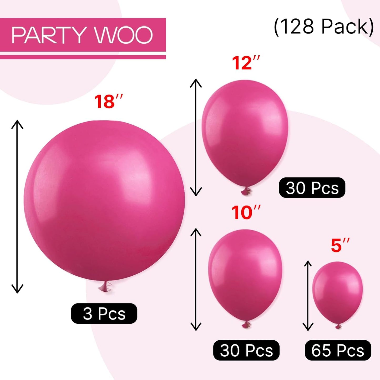 PartyWoo Hot Pink Balloons - 128-Piece Magenta Balloon Arch Kit for Weddings & Birthdays | Various Sizes 5-18 Inch