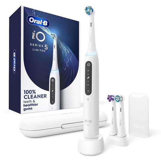 Oral-B Rechargeable Electric Toothbrush, iO5 Limited Deep Clean & Whiten, 5 Cleaning Modes, Visual Pressure Sensor to Protect Gums, Travel Case, 3 Brush Heads, White