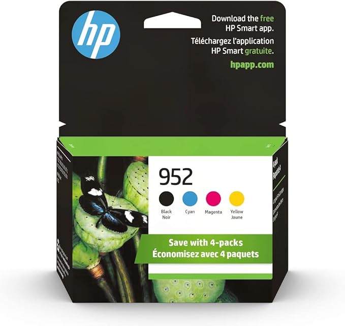 HP 952 Black, Cyan, Magenta, Yellow Ink Cartridges (4-Pack) | Works OfficeJet 8702, OfficeJet Pro 7720, 7740, 8210, 8710, 8720, 8730, 8740 Series | Eligible for Instant Ink | X4E07AN