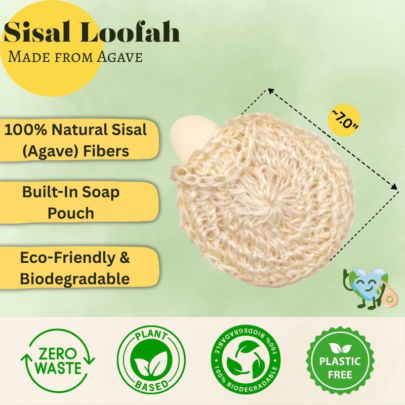 Natural Handwoven Sisal Loofah Body Scrubber | Organic Agave Fiber Shower Sponge - 3-Pack for Men & Women