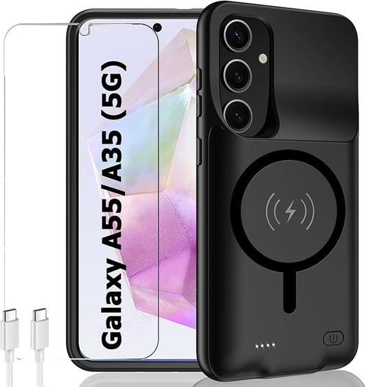 Battery Case for Galaxy A55/A35,Enhanced 12000mAh Portable Protective Smart Wireless Charging Case Support Carplay Compatible with Galaxy A55/A35 Rechargeable Extended Battery Charger Case (Black)