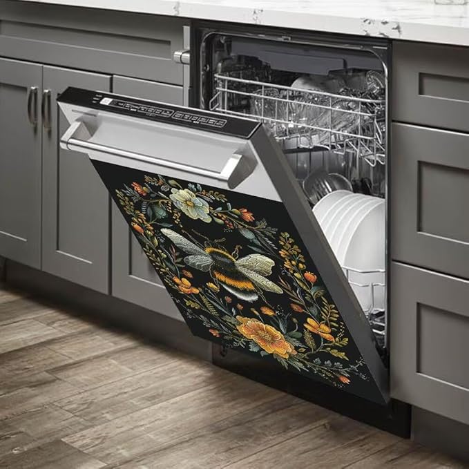 Flower and Bee Pattern Dishwasher Magnet Cover Sticekr - Kitchen Decorative Fridge Panel Decal - Kitchen Appliances Decorate Sticker - 23W x 17H inchs