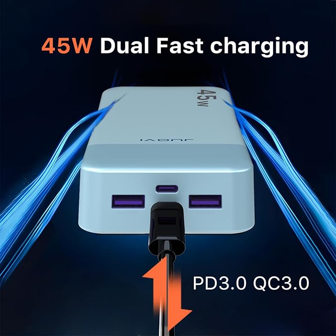 JUOVI Power Bank, 20000mAh 45W Portable Charger, PD3.0 QC4.0 Fast Charging with LED Display, 2 USB-C, 2 USB-A, Battery Pack for iPhone 15 14 13 Series, MacBook, Galaxy, iPad, and More (Blue)