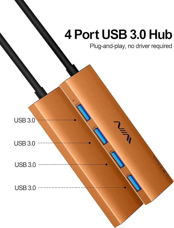 USB 3.0 Hub, 4 Port USB Hub Splitter, USB A Expander Portable USB Adapter Multiport Data Hub for Laptop, iMac Pro, MacBook Air, Mac mini/Pro, Surface Pro, USB Flash Drives, and Mobile HDD-Orange