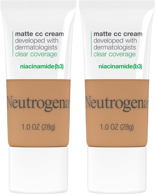 Neutrogena Clear Coverage Flawless Matte CC Cream, Full-Coverage Color Correcting Cream Face Makeup with Niacinamide (b3), Hypoallergenic, Oil Free &-Fragrance Free, Butterscotch, 1 oz (Pack of 2)