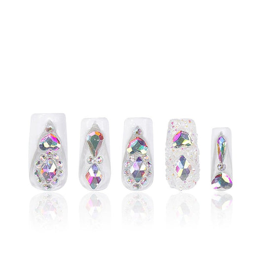 LOVFUL Press on Nails Candy Diamonds & White French Tip | Handmade with Full Covered Crystals | Reusable Fake Nails | Square Regular 1.0 in | H36-L