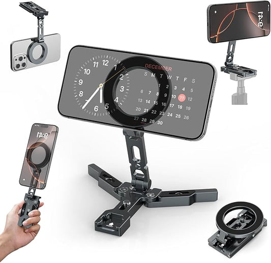 Magnetic Phone Tripod Mount Adapter for MagSafe, Aluminum Foldable Phone Holder with Arca-Swiss & 1/4" Screw Hole, Cold Shoe Mount for Camera, Pocket Mini Selfie Stick Tripod Mount for iPhone/Android