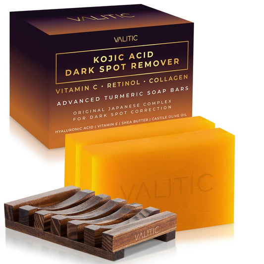 VALITIC Kojic Acid Dark Spot Remover Soap Bars with Vitamin C, Retinol, Collagen, Turmeric - Original Japanese Complex - Hyaluronic Acid, Vitamin E, Shea Butter, Olive Oil (2 Pack) - With Soap Holder