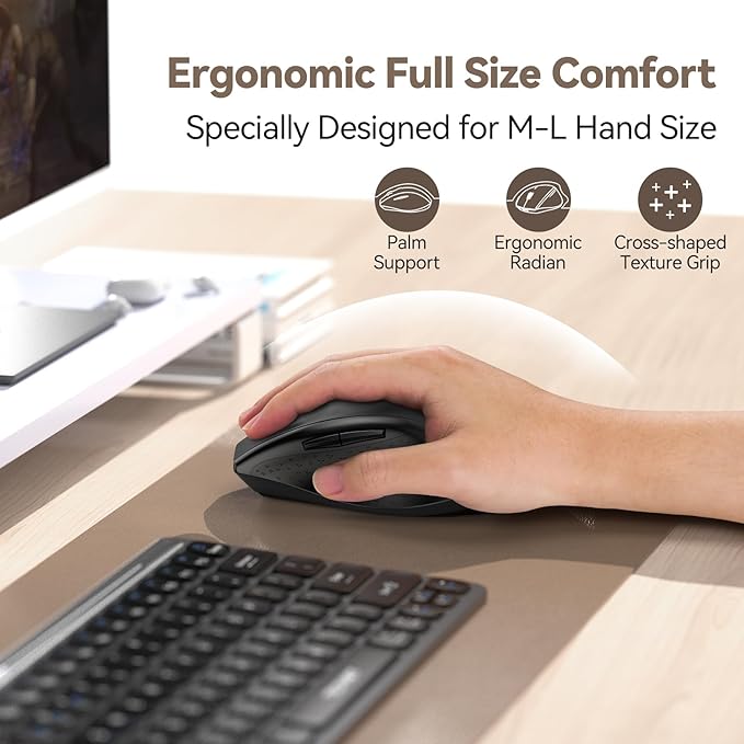 TECKNET Rechargeable Mouse with Jiggler, Plug & Play, 2.4G Connection with USB-C Adapter, Silent Mouse Quiet Click, 6400 DPI Ergonomic Mouse, Cordless Computer Mice for Laptop, Desktop, PC