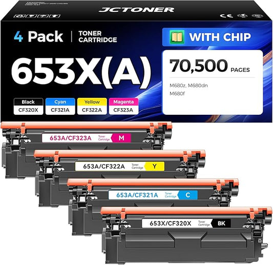 653X 653A Toner Cartridge Set 4-Pack High Yield Replacement for HP 653X 653A CF320X CF321A CF322A CF323A Compatible for HP Color LaserJet Enterprise Flow MFP M680z M680dn M680f Printer Ink Black Cyan
