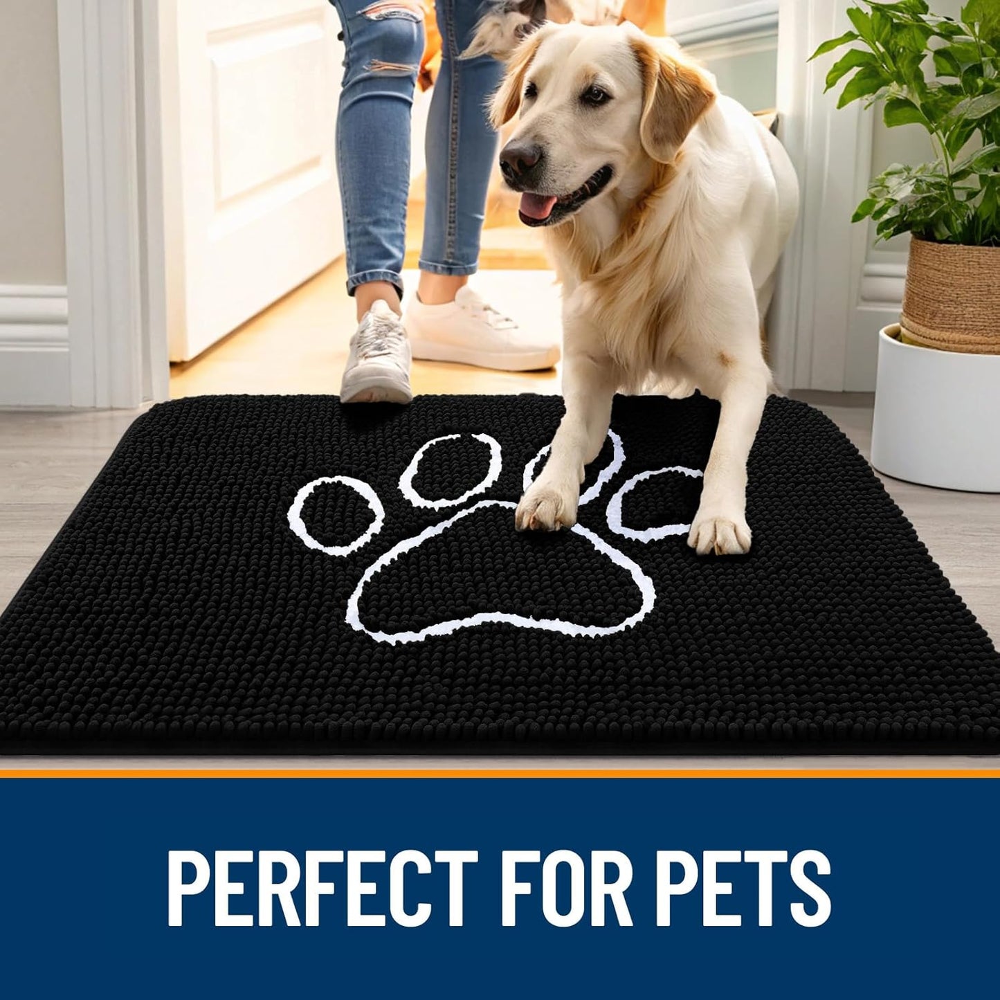 OLANLY Dog Door Mat - Absorbent Non-Slip Mud Mat for Paws | 70x35 Black Chenille Design