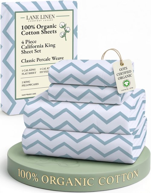 LANE LINEN 100% Organic Cotton Printed California King Sheets Set, 4-Piece All Seaons Soft & Comfy Mercerized Fully Elasticized Naturally Temperature Regulating Printed Cotton Cal King Sheets -Chevron