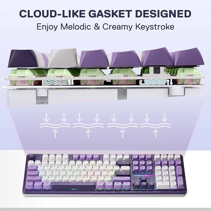 Redragon K745 PRO Wireless Gasket RGB Gaming Keyboard, 108 Keys Mechanical Keyboard w/Extra 4 Hotkeys, Hot-Swap Socket, 5-Layer Noise Dampening, See-Through Round PBT Keycaps, Mint Mambo Switch