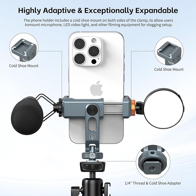 VRIG PH-18 Metal Phone Tripod Mount, 360° Phone Holder for Camera with 2 Cold Shoe Mount & 1/4" Screw Holes Compatible with iPhone Samsung for Vlog Live Stream Video Recording