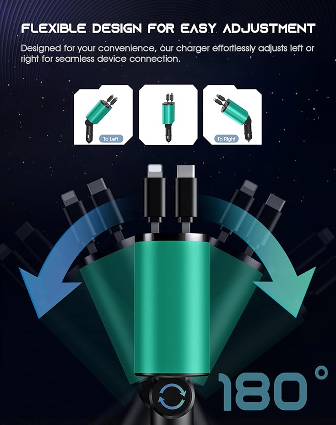 Mifanstech Retractable Car Phone Charger, 4 in 1 Fast Charge Car Phone Charger with 2 Retractable Cables(2.6ft) and 2 USB Ports, Compatible with iPhone15/14/15 Pro Max,Samsung (Bluish Green)