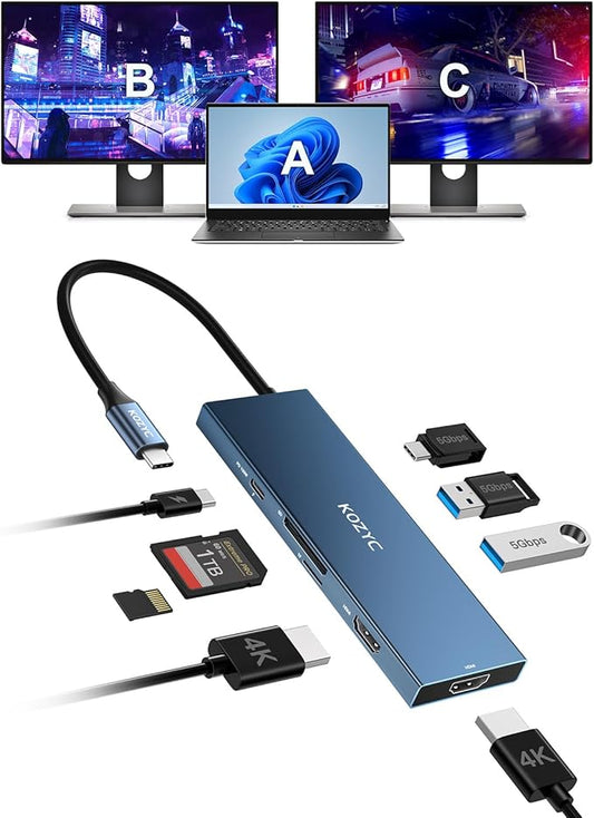 KOZYC USB C Docking Station Dual HDMI 4K@60Hz, 8-in-1 USB C Hub 2 HDMI, USBC 3.0, 2xUSB-A 3.0, SD/TF, 100W PD, Laptop Docking Station Dual Monitor Compatible with HP, Dell