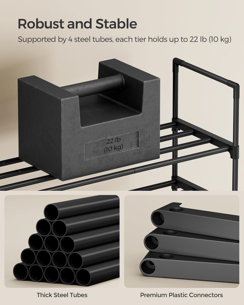 SONGMICS Shoe Rack, 3-Tier Shoe Organizer, Metal Storage Shelf, Upright or Upside Down, for 20-24 Pairs, Stackable, for Entryway, 11.8 x 46.1 x 21.7 Inches, Black ULSA033B01