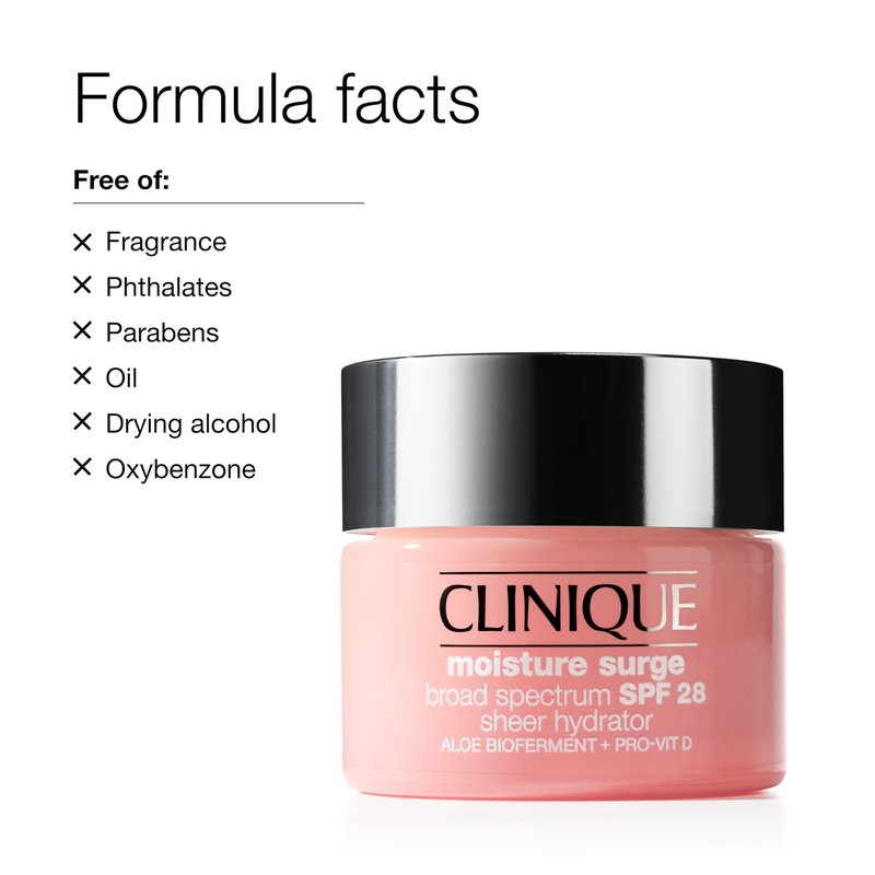 Clinique Moisture Surge Broad Spectrum SPF 28 Sheer Hydrator Face Moisturizer With SPF, Hyaluronic Acid, Aloe Bioferment + Provitamin D | Hydrating + Sun Protection, 1 Fl Oz