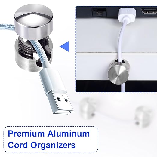 SmallCat 2 Sets Charger Holders for Cords, Silver Adjustable Cable Anchor Holders, Adhesive Metal Cord Clips, Cable Management Wire Organizers for Desk, Office, Nightstand