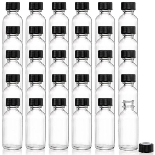 Bekith 30 Pack Boston Round Glass Bottle with Black Cap, 1 oz (30ml) Clear Glass Bottles Small Travel Bottle for DIY Essential Oils, Perfumes, Whiskey and Juices