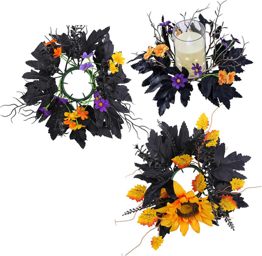 Skiennix Halloween Candle Rings - 2 Pack Artificial Leaves Wreaths for Festive Home Decor