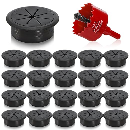 Covzoe 20 Pack Desk Grommets 2 Inch(50mm), Desk Cable Hole Cover with Hole Saw, Plastic Wire Cord Cable Management Through the Countertop for Home Office, Black