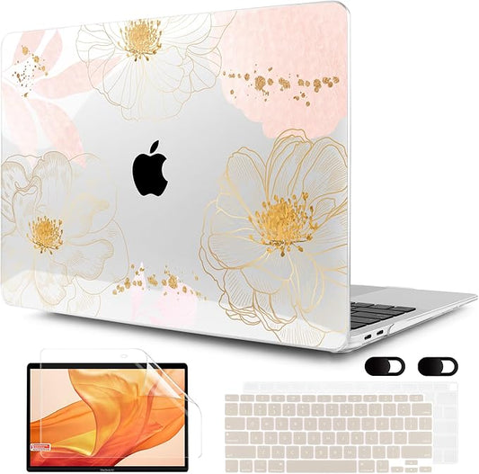 MEEgoodo for MacBook Air 13 inch Case 2021 2020 2019 2018 Released A2337 M1 A2179 A1932 with Touch ID, Plastic Hard Shell & Keyboard Cover Compatible with MacBook Air 13.3, Tropical Pink Flowers