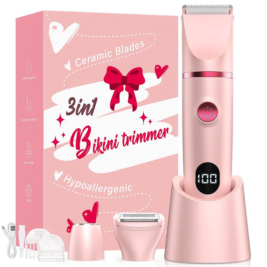 Crolanli Bikini Trimmer for Women, 3-in-1 Electric Razor, IPX7 Waterproof Ceramic Blades, Wet & Dry Use, LED Display, Painless Shaver for Bikini, Face, Underarms, Legs, Home Travel (Pink)