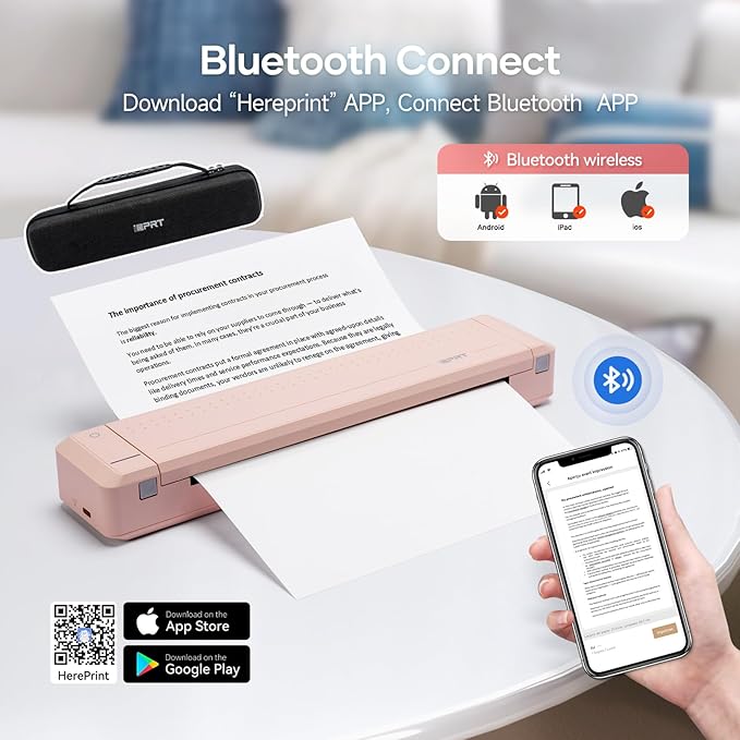 iDPRT MT888 Portable Thermal Printer, 300DPI HD Mobile-Travel-Printers, Inkless-Wireless-Small-Printer for Home Use, Office, Vehicles, Bluetooth Printers Supports 8.5" x 11" US Letter&A4&A5, Pink