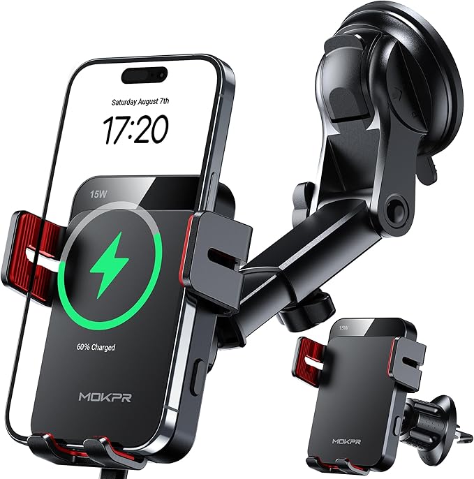 MOKPR Wireless Car Charger, 15W Auto Clamping Car Charger Dash Windshield Air Vent Phone Holder Compatible with iPhone 16 15 14/13/13 Pro/12 pro/12/11/X/8, Samsung S24/S23/S22, red