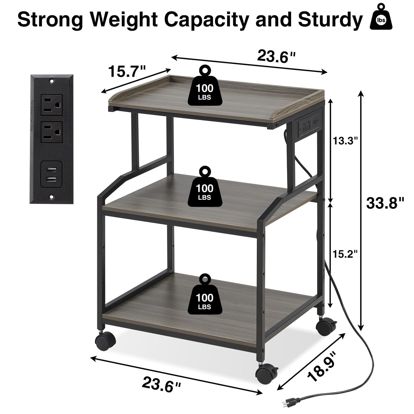 Lauren&Harold 34'' Printer Stand with Power Outlets & USB Ports, 3-Tier Adjustable Rolling Cart, Heavy Duty 150LBS Storage Table with Wheels for Office, Kitchen, Living Room, Grey/Black