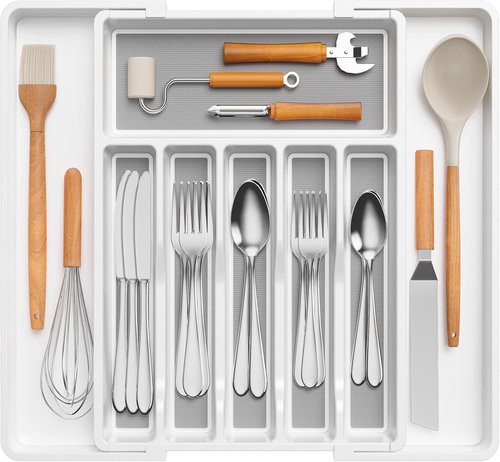 Lifewit Expandable Silverware Drawer Organizer - BPA-Free Utensil Tray for Kitchen | Adjustable Storage, 33-57 x 42cm, White & Gray