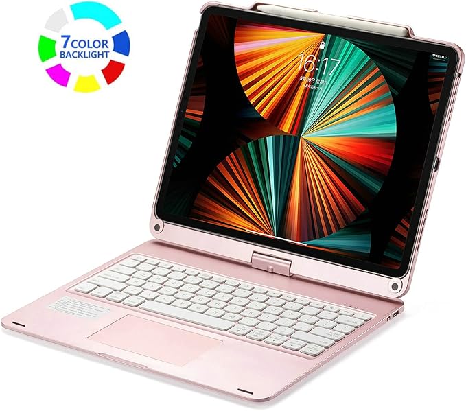 360° Rotatable Keyboard Case for iPad Air 13-inch (M4/M3/M2, 2026/2025/2024)/Pro 12.9 (6th/5th/4th/3rd Gen) with TouchPad, Flip Smart Case with Backlits Trackpad Keyboard, Rose Gold