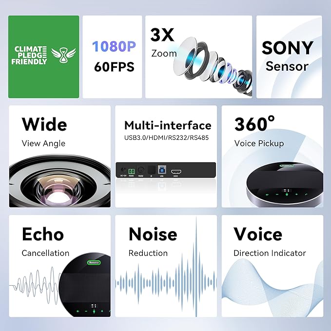 Tenveo 3X Optical Zoom 1080P 60FPS PTZ Conference System with 93°Wide-Angle Lens and MagiCall Bluetooth Speakerphone, Video Output via USB 3.0/HDMI/RS485/RS232, Ideal for Large Meetings