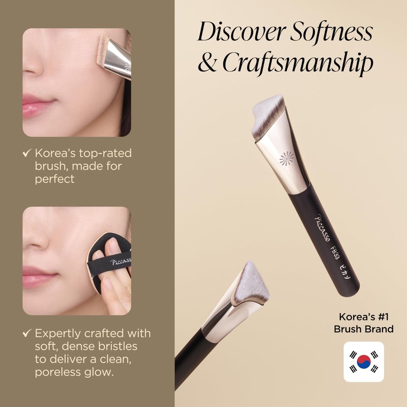 PICCASSO FB33 Tapping Cover Foundation Brush, Korean Makeup Brush for Liquid & Cream Foundation, Soft Dense Bristles for Pore-Blurring, Smooth, Streak-Free Base Makeup
