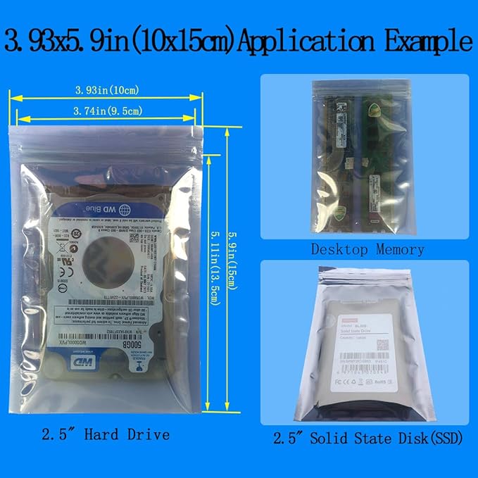 Daarcin 100pcs 3.93X5.9in(10X15cm) Anti Static Bags,ESD Bags Resealable for SSD HDD with 100pcs Labels, Antistatic Bag for Hand Drive or Varieties of Electronic Device