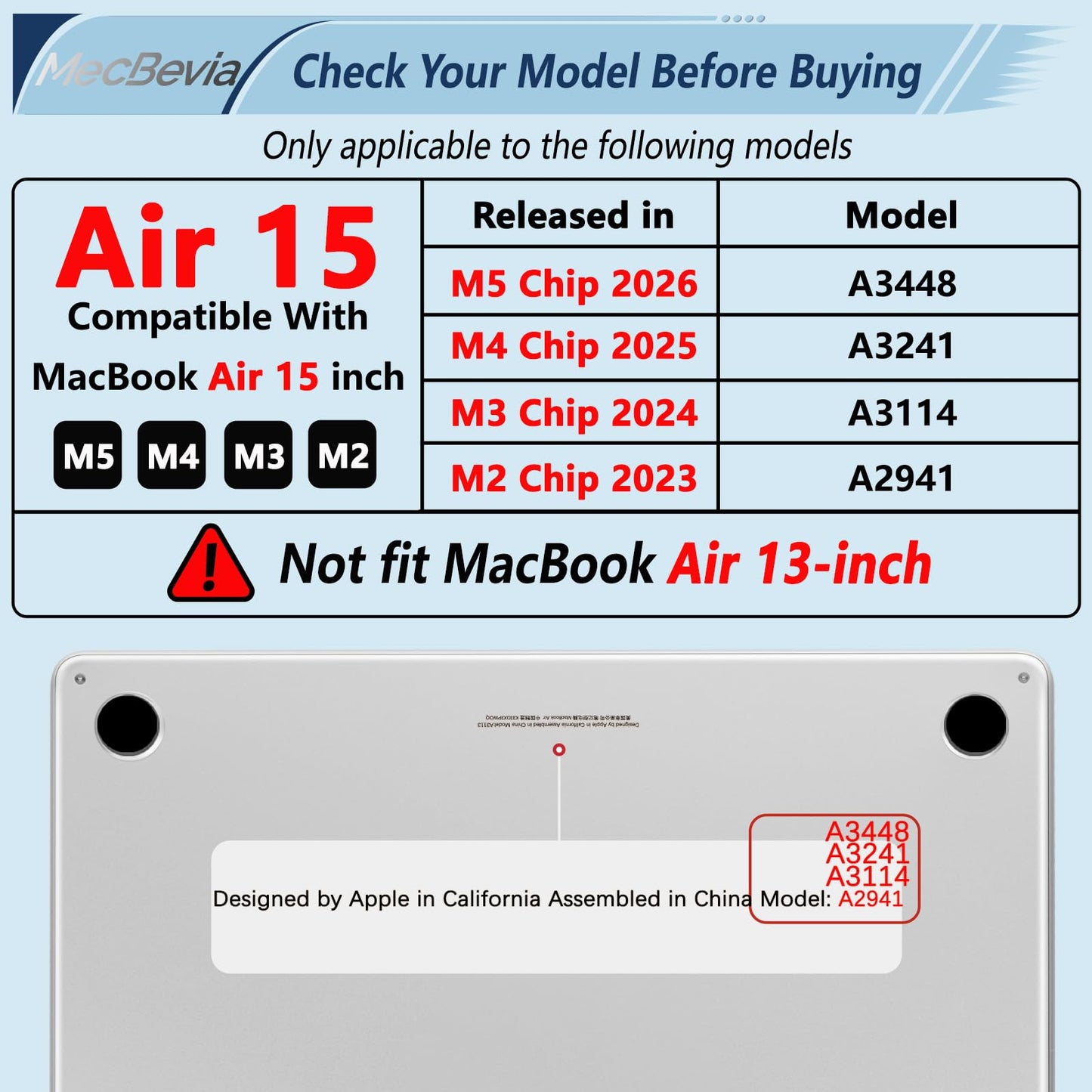 MecBevia Compatible with 2026 M5 MacBook Air 15 inch Case, 2026 2025-2023 M5 A3448 M4 A3241 M3 A3114 M2 A2941, Keyboard Cover, Screen Protector, Webcam Cover & Type-C OTG, Black Bows
