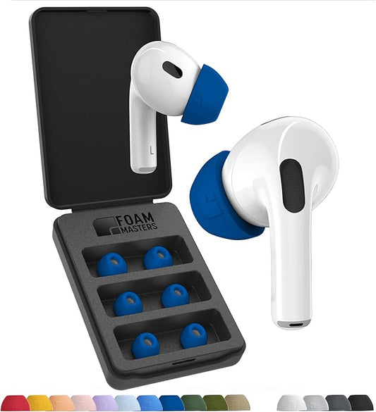 Foam Masters Ultra-Premium Memory Foam Ear Tips for AirPods Pro 1st & 2nd Gen | 3 Pairs | New Ver. | Secure Fit | Super Comfort | Better Noise Cancel | Replacement Buds (Large, Blue)