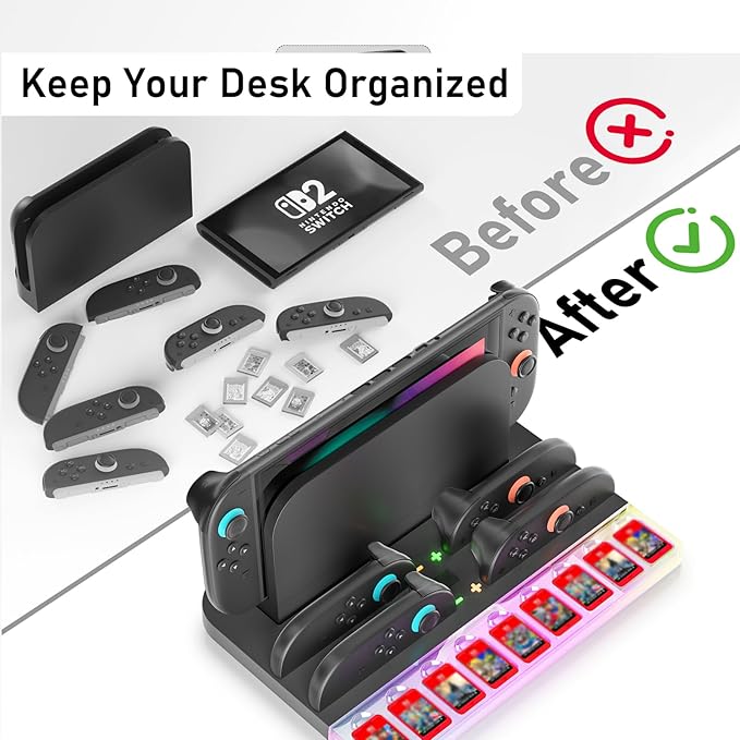 Charger Charging Dock for Nintendo Switch 2 (2025), Charging Dock Station for Joycon 2 with RGB Light Mode, 9 Game Slots, Game Accessories Storage Organizer