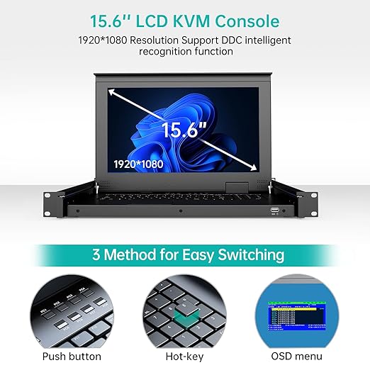 MT-VIKI Rack Mount KVM Console w/15.6" LCD Monitor, 8 Port HDMI KVM Switch, 1920x1080@60Hz 1U Integrated Monitor Keyboard, Fits 18.9" to 31.5" Deep Racks (480-800mm), Included 8 Cables