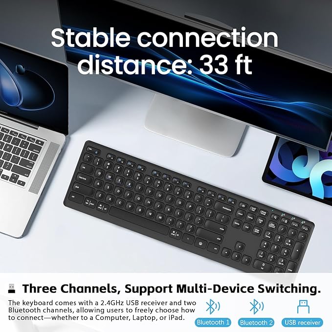 CITLLA Wireless Bluetooth Keyboard, Full Size Multi-Device Keyboard