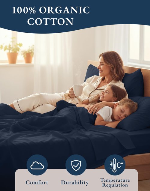 LANE LINEN Eco Friendly 100% Organic Cotton Bed Sheets Queen Size, Soft & Comfy Percale Weave, Fully Elasticized Mercerized Naturally Cooling Cotton Sheets Queen Size Set- Navy