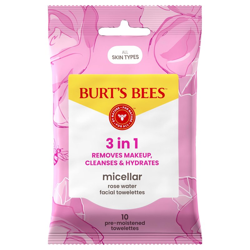 Burt’s Bees Micellar Rose Water Facial Towelettes, 100% Plant Based Cloth; 99% Natural Origin; Remove Makeup, Cleanse, Hydrate; No Greasy, Oily Residue; All Skin Types (Pack May Vary)