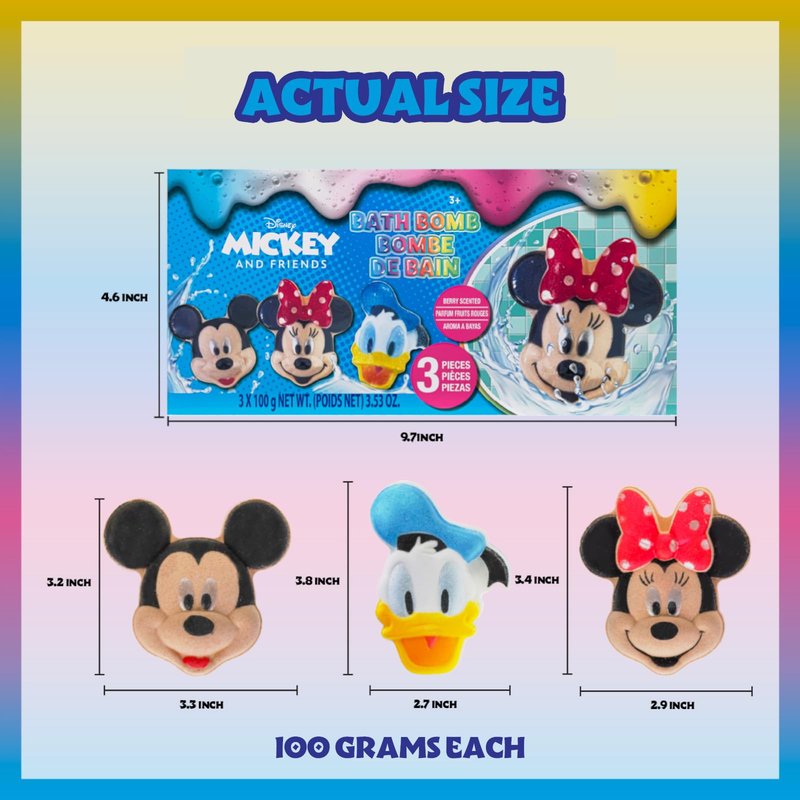 Mickey Minnie and Donald Duck Bath Bombs for Kids, Fun Bright Rainbow Colors, Berry Scented for Kids, Ages 3+, by Townley Girl