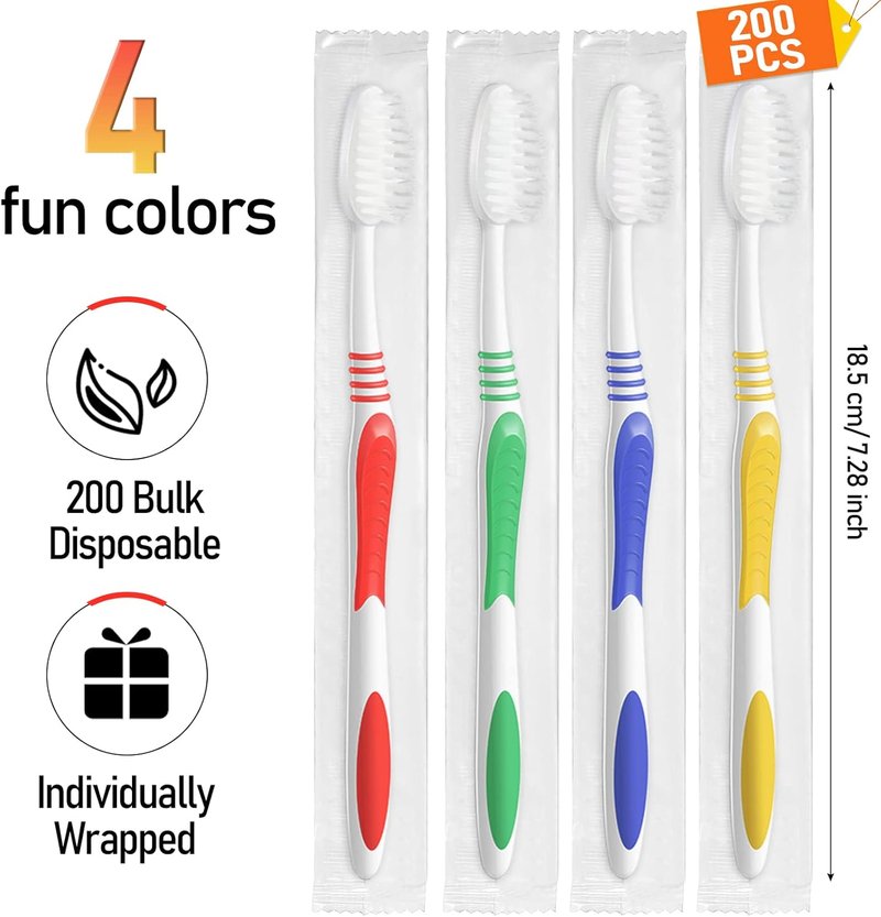 Honeydak Disposable Toothbrushes - 200 Packs of Soft Bristle Travel Toothbrushes | Individually Wrapped, Multicolor
